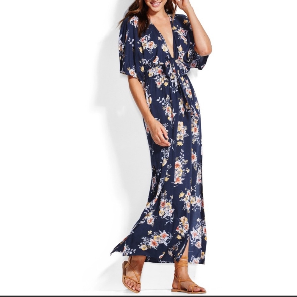Seafolly Mid Summer Maxi Dress XS Navy Blue Floral Wrap Front side slits Boho